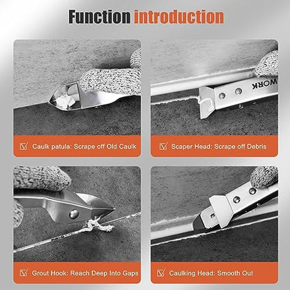 Caulking Tool Kit, Matework Stainless Steel Caulk Remover Caulking Tool Set with Cut Resistant Gloves, Scraper, Silicone Caulking Tools, 4 in 1 Caulking Finishing Tool for Bathroom Kitchen Living Room - color: Silver kit