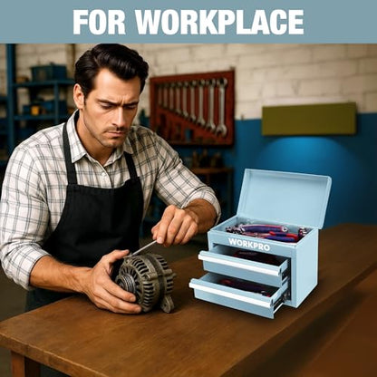 WORKPRO Metal Mini Tool Box, Top Tool Chest containing Two Drawers with Ball Bearing Slides, PVC Drawer Liners and PP Feet Pads, Durable Cold Rolled Steel Small Toolbox for Multi-Purpose Storage - color: Macaron Blue
