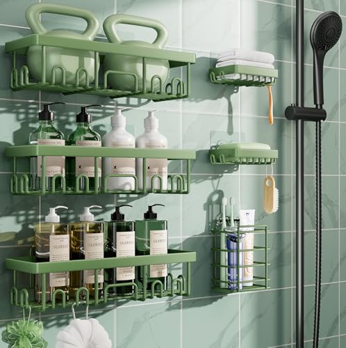 Veken Rustproof & Waterproof Shower Caddy 6-Pack, No Drilling Adhesive Shelves Rack with Soap Holder, Large Capacity Bathroom Organizers and Storage, Wall-Mounted Kitchen & Home Decor, Green - color: H. Green