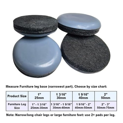 No Lost Pads! Chair Leg Glides (Felt Base) for Thick, Thin & Plush Rugs – Easy Glide, No Wrinkles, Chair Feet, Not Adhesive Backing | 40mm (1.6") Round, 16 Pcs - size: 1 9/16" Round Gray