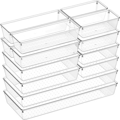Criusia 14 PCS Clear Plastic Drawer Organizer Set - 5 Large Size Versatile Kitchen and Bathroom Organizer Trays, Non-Slip Storage Bins for Makeup, Utensils, Tool and Office Desk - size: 14pack