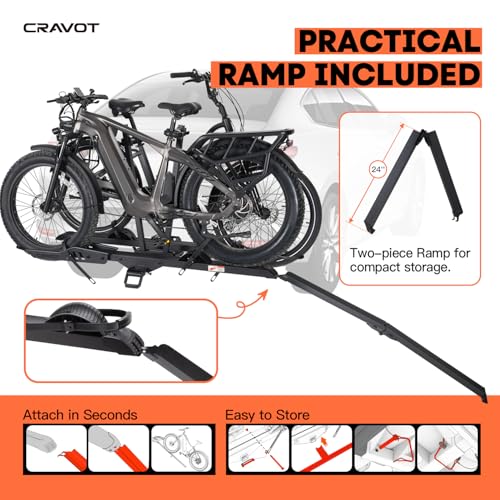 CRAVOT CyberRack E2 Plus EBike Rack with Ramp, 3Positions Foldable, 200 lbs Capacity Heavy Bike Rack Carrier for 2 E-Bike, Foldable Bike Racks for Tow Hitch Up to 5-in Fat Tire 2'' Receiver - style: E2 Plus 3position foldable Black-200lb Capacity+Ramp