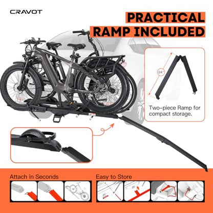 CRAVOT CyberRack E2 Plus EBike Rack with Ramp, 3Positions Foldable, 200 lbs Capacity Heavy Bike Rack Carrier for 2 E-Bike, Foldable Bike Racks for Tow Hitch Up to 5-in Fat Tire 2'' Receiver - style: E2 Plus 3position foldable Black-200lb Capacity+Ramp