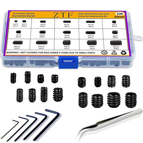 ZTF 530Pcs Metric Set Screw Assortment Kit, M3/4/5/6/8 Grub Screws Internal Hex Drive Set Screws for Bathroom Fixtures, Door Handles knobs, Towel Rack Screws Replacement, 12.9 Grade Alloy Steel - size: back-530pcs