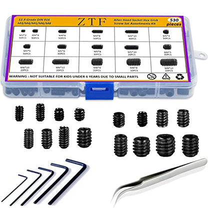 ZTF 530Pcs Metric Set Screw Assortment Kit, M3/4/5/6/8 Grub Screws Internal Hex Drive Set Screws for Bathroom Fixtures, Door Handles knobs, Towel Rack Screws Replacement, 12.9 Grade Alloy Steel - size: back-530pcs
