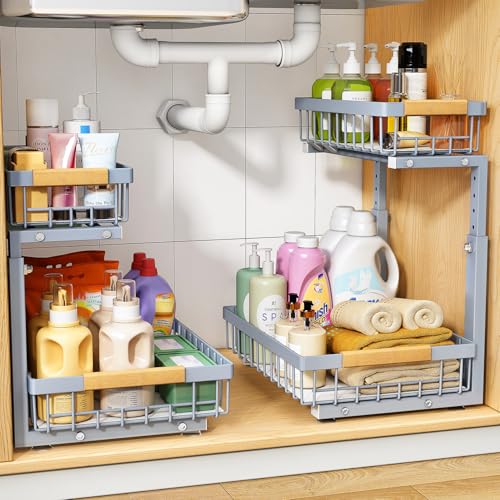 PXRACK Under Sink Organizer, Adjustable Height, 2 Tier Pull Out Under Cabinet Organizer, Slide Out Thickened Metal Under Sink Storage for Kitchen Bathroom Laundry Pantry Cabinet, Grey, Large-2-Pack - color: Gray, size: Large-2-Pack