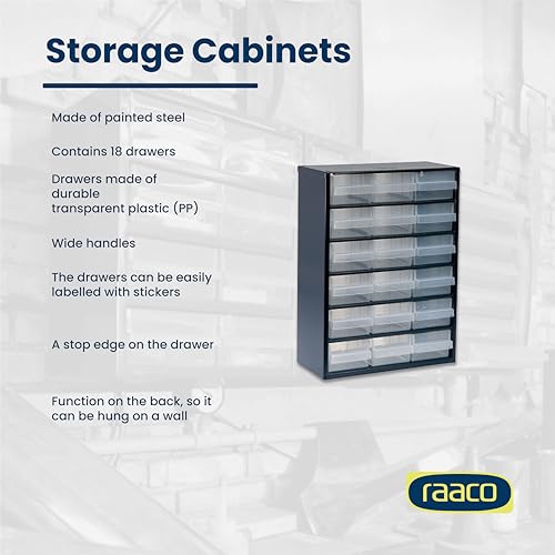Raaco Steel Storage Cabinet, Standard 18-Drawer, Clear Polypropylene Plastic Drawer – Small Parts Organizer, Screws, Nuts & Bolts, Crafts & Hardware – Tool Cabinet for Workbench & Wall Storage (C9-18)