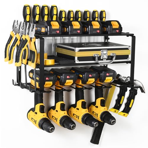 Wall Mount Power Tool Organizer, 3 Layers Garage Wall Organize with 4 Cordless Drill Holders, Storage Rack for Workshop/Garage, 150Lbs Load Capacity, Heavy Duty Iron, Matte Black