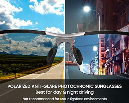 TJUTR Mens Photochromic Sunglasses Day & Night Driving Z87 Sun Glasses Polarized UV400 Protection Safety Glasses - color: A Silver Frame/Grey Photochromic Polarized Lens