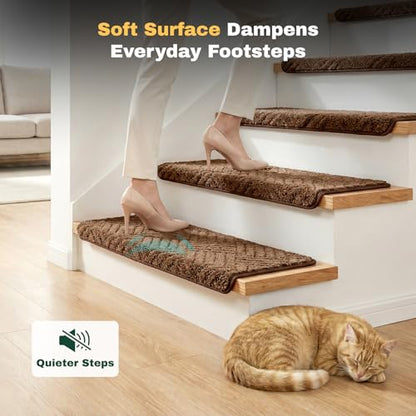 MBIGM Bullnose Non-Slip Stair Treads w/Reusable Adhesive 14 Pack 9.5" x 30" Wooden Steps Protection - TPU Backing with Steel Reinforcement - Anti-Slip Solution Basketweave Brown Non Slip Stair Tread - color: Brown - Basketweave