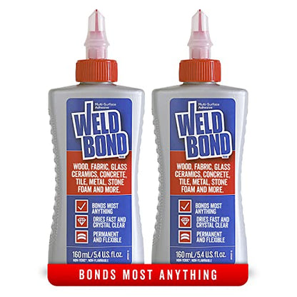 Weldbond Multi-Surface Strong Glue – Fast Drying Glue for Wood, Tile, Ceramic, Pottery, Glass, Metal & More – Heavy Duty Adhesive for Mosaic, Crafts, Wood Working & Repairs – 5.4oz (160ml), 2 Pack - size: 2 pack