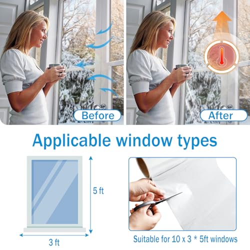 Window Insulation Kit, 63 × 394 Inch Plastic Window Covering for Winter, Window Insulation Film Window Wrap Insulation Windows Winterizing Kit with Double-Sided Tape for 10 Pcs 3 x 5 Ft Windows - size: 63 × 394 Inch