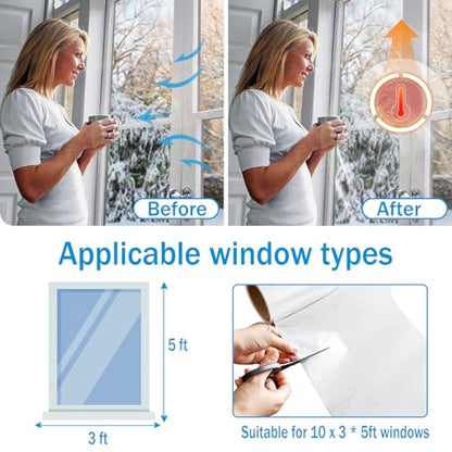 Window Insulation Kit, 63 × 394 Inch Plastic Window Covering for Winter, Window Insulation Film Window Wrap Insulation Windows Winterizing Kit with Double-Sided Tape for 10 Pcs 3 x 5 Ft Windows - size: 63 × 394 Inch