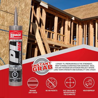 Lepage 2292242 PL Premium MAX Construction Adhesive, Gray, 266 mL Plastic Cartridge