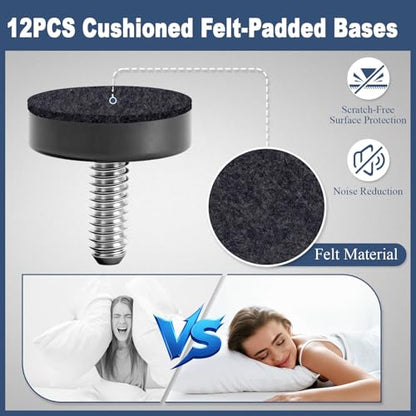 1/4” Thread Leveling Feet, 12 PCS Adjustable Furniture Levelers for Uneven Floors, Heavy Duty Screw-in Table Leg Levelers with Felt Pads, for Table, Cabinets, Chairs, Stool Legs