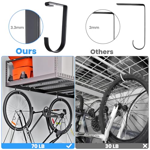 6 Pack Heavy Duty Bike Hooks for Garage Ceiling, Garage Ceiling Hooks with Screws, 70 lbs Capacity Each, Strong Iron Construction for Overhead Organization