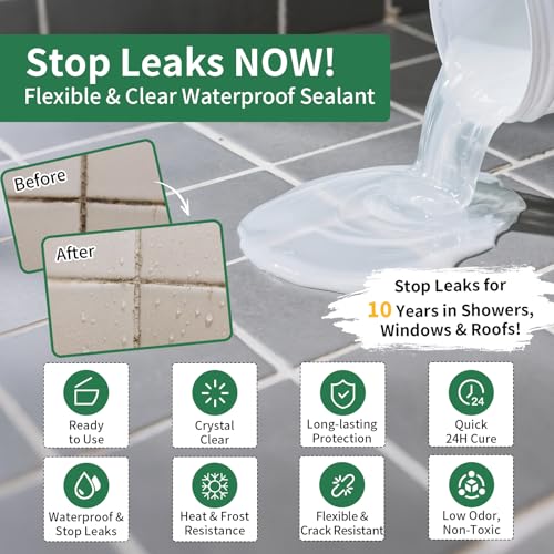 YKF Transparent Waterproof Sealant 12 Oz, Clear Water-Based Leak Repair Coating for Roof, Wall, Bathroom, Shower, Kitchen, Concrete, Wood, Metal, Indoor & Outdoor - style: Crystal Clear 12 OZ