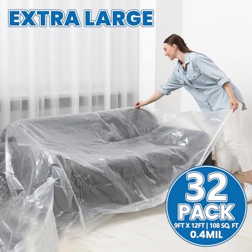 32 Pack Plastic Drop Cloth, 9 x 12 Feet Plastic Sheeting, Painter's Sheeting & Tarps for Painting, Dustproof Painters Plastics Tarp for Furniture Cover - color: 32p