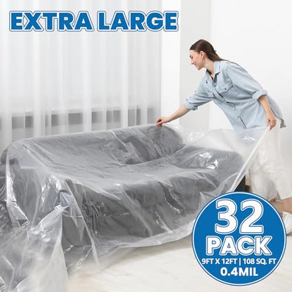 32 Pack Plastic Drop Cloth, 9 x 12 Feet Plastic Sheeting, Painter's Sheeting & Tarps for Painting, Dustproof Painters Plastics Tarp for Furniture Cover - color: 32p