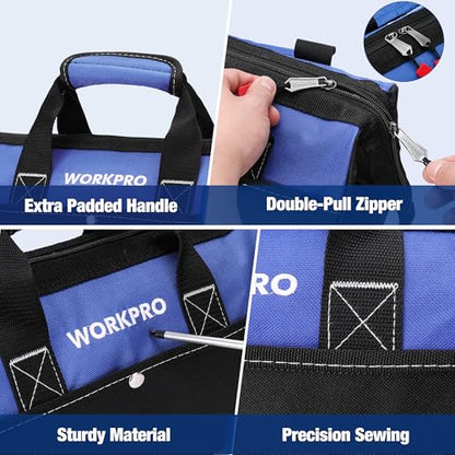 WORKPRO 13-inch Tool Bag, Wide Mouth Tool Tote Bag with Inside Pockets for Tool Storage - color: Blue