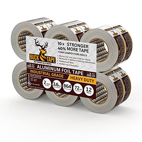 12 Pack Buck Aluminum Foil Tape – 2 Inch x 216ft (72 yd), 3.6 Mil – HVAC Tape for Ductwork, AC, Dryer Vents & Insulation – Silver Foil Tape for Metal Repair, Exhaust Sealing & Air Conditioning - size: 2 Inch, style: 12 Pack