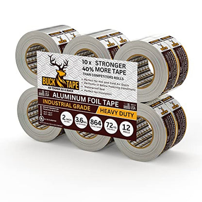 12 Pack Buck Aluminum Foil Tape – 2 Inch x 216ft (72 yd), 3.6 Mil – HVAC Tape for Ductwork, AC, Dryer Vents & Insulation – Silver Foil Tape for Metal Repair, Exhaust Sealing & Air Conditioning - size: 2 Inch, style: 12 Pack