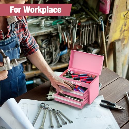 WORKPRO Mini Metal Tool Box with 2 Drawers and Top Storage, Small Tool Chest with PVC Liners and PP Feet Pads, Cold Rolled Steel Toolbox with Magnetic Tab - Pink Ribbon - color: Pink