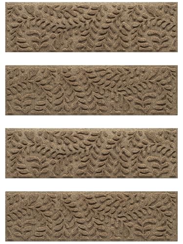 WaterHog Boxwood Stair Treads for Indoor Ourdoor Stairs, Absorbent All-Weather Stair Runner with Rubber Backing, Dirt & Moisture Trapper, Easy Clean Mat, Made in USA, 8.5"x30", 4pcs, Camel - color: Khaki/Camel