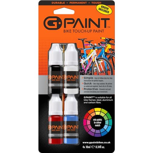 Bike Paint - Touch-Up Paint Kit for Scratched or Chipped Frames - 4 Pack of 10ml Bottles - Black/White/Red/Cyan. Mix to Color Match. Includes Applicator Brush, Durable, Permanent & Tough