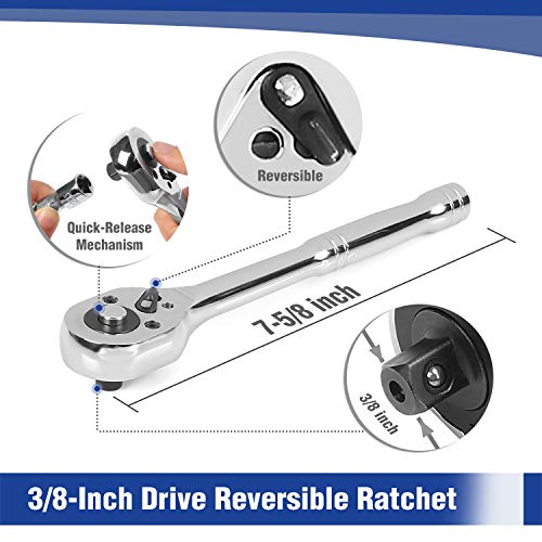 WORKPRO 39-Piece Drive Socket Set 1/4'' & 3/8'', CR-V Metric and SAE Sockets with Quick-Release Ratchet Wrench, Extension Bar, Spinner Handle & Adapter, Compact Mechanics Tool Set for Car Repair - color: Silver