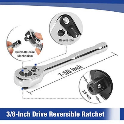 WORKPRO 39-Piece Drive Socket Set 1/4'' & 3/8'', CR-V Metric and SAE Sockets with Quick-Release Ratchet Wrench, Extension Bar, Spinner Handle & Adapter, Compact Mechanics Tool Set for Car Repair - color: Silver