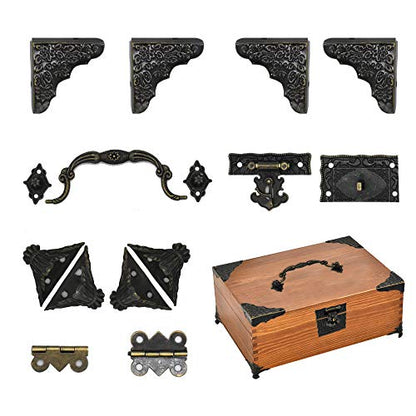 Antique Jewelry Box Lock Latch Hasp Hinges Handle Corner Protectors Kit for DIY Bronze Tone 2 Sets 24Pcs