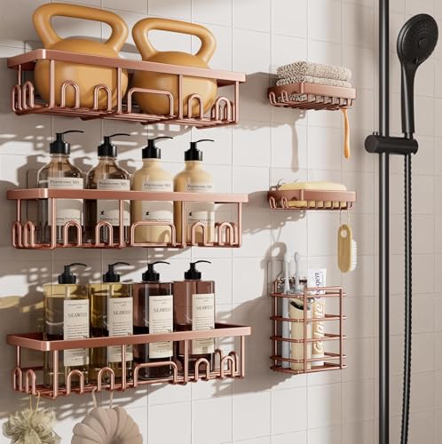 Veken Shower Caddy 6-Pack, No Drilling & Rustproof, Waterproof Adhesive Shelves Rack with Soap Holder, Large Capacity Bathroom Organizers and Storage, Wall-Mounted Kitchen & Home Decor, Rose Gold - color: K. Rose Gold