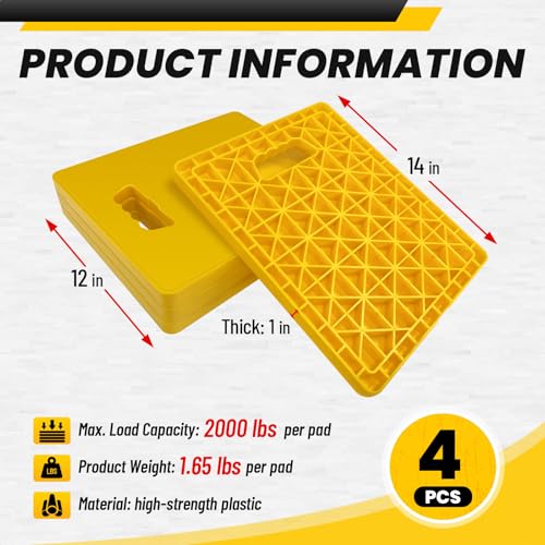 ROBLOCK Large RV Jack Stabilizer Pads,Sinking Resistant Stackable Camper Stabilizer Pads with Easy-Grip Handle and Handy Strap, Easy Storage & Organization, Yellow 4 Pack 14" x 12" - size: Yellow 14"x12"