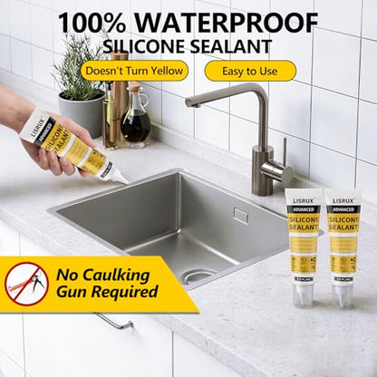 LISRUX Advanced Clear Silicone Caulk for Kitchen & Bathroom - 2 Pack (3.2 Fl Oz Each) | 100% Waterproof Silicone Sealant | Super Strong Adhesion, Shrink & Crack Proof - size: Clear-2P