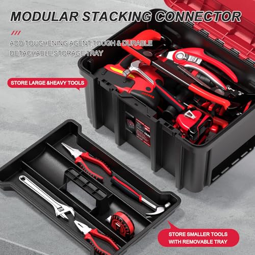 3-in-1 Rolling Tool Box with Wheels,Stackable Modular Tool Organizer System,17" Portable Waterproof Toolbox on Wheels for Garage,Mechanics and Home Repair (Red-Black)