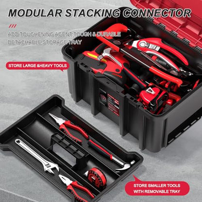 3-in-1 Rolling Tool Box with Wheels,Stackable Modular Tool Organizer System,17" Portable Waterproof Toolbox on Wheels for Garage,Mechanics and Home Repair (Red-Black)