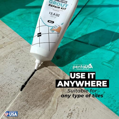 PentaUSA Tile Grout Repair Kit - Black Premixed Acrylic Sanded Grout, Water-Resistant Grout Filler for Bathroom&Shower, Kitchen Floor, Fast Drying, with Applicator, 13.4 oz (380g) - style: Black