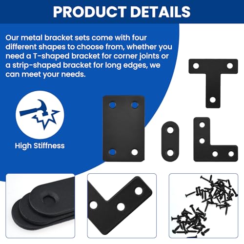 22 Pack Stainless Steel Fixing Flat Bracket Set Including Right Angle Brace Flat Straight Brace L Corner Brackets T-Shape Corner Brace with Screws ( Black )