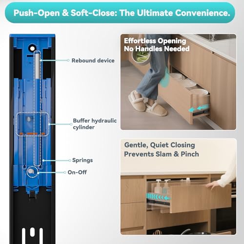 Push to Open Soft Close Drawer Slides 1 Pair 10 12 14 16 18 20 22 24 Inch 100 LB Load Capacity Side Mount Full Extension Cabinet Runner Ball Bearing Kitchen Dresser Glide（Black,12inch） - color: Soft Close& Push to open, size: 12 Inch