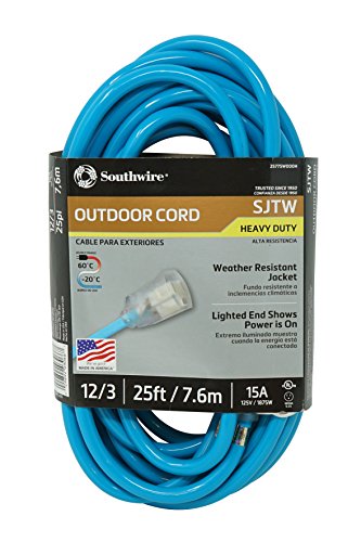 Southwire 2577 12/3 SJTW Vinyl Extension Cord, Blue, 25-Feet - color: Fluorescent Blue