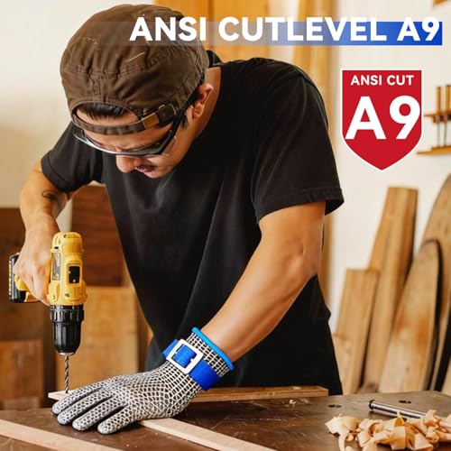 A9 Cut Resistant Chainmail Gloves – Stainless Steel Mesh Metal Glove with Adjustable Wrist Buckle & Nylon Liner Gloves - color: Silver, size: Medium (Pack of 1)
