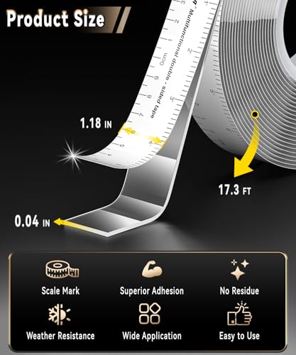 PHIXBEAR Heavy Duty Double Sided Tape 17FT x 1.18" - Clear Nano Mounting Tape with Dual Scale, No Residue for Wall Posters, Rugs, Home Decor
