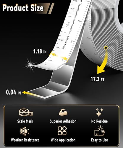 PHIXBEAR Heavy Duty Double Sided Tape 17FT x 1.18" - Clear Nano Mounting Tape with Dual Scale, No Residue for Wall Posters, Rugs, Home Decor
