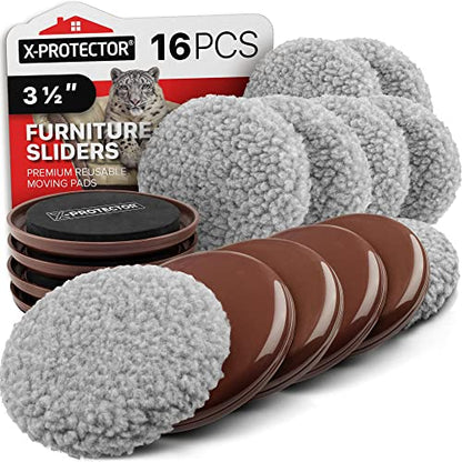 Furniture Sliders X-PROTECTOR - 8+8 Pack 3 1/2” - Multi-Surface Furniture Sliders for Carpet & Hard Floors - 8 Furniture Movers for Carpeted Floors and 8 Hardwood Socks - Move Your Furniture Easily! - size: 8+8 Pack 3 1/2 in (Grey)