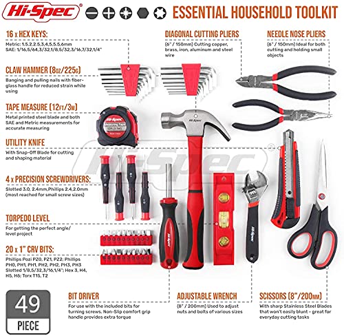 Hi-Spec 49pc Complete Home Tool Kit Set in a Portable Toolbox Case. Essential Household Repair Tools for DIY in The Apartment, Office and College - size: 49 Pcs
