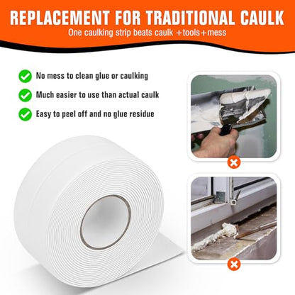 White Caulk Tape Waterproof Self Adhesive, Peel & Stick Caulking Tape for Floor Tile Corner Trim & Shower, Bathroom Accessories, Toilet & Bathtub Sealant Strip, Better Than Silicone Caulk