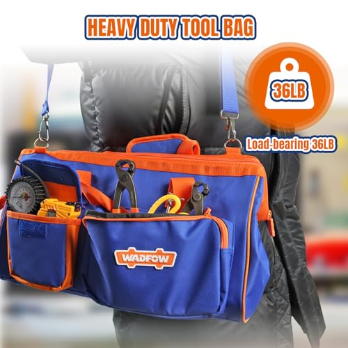 WADFOW 19-inch Tool Bag, Waterproof Wide Mouth Storage Bag with Adjustable Shoulder Straps for Professional and Daily Use,Blue and Orange