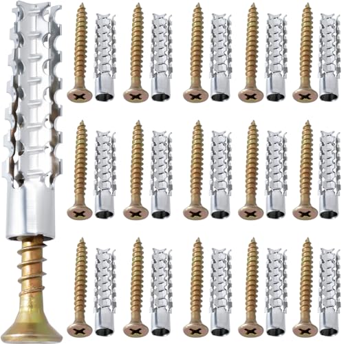 80pcs M6 Tree Shaped Expansion Anchor with Screws, 0.24''×1.19'' Steel Hollow Wall Anchors Kits, Loose Hinge Hole Repair Tools for Drywall Concrete Brick Plaster Wall- Silver & Gold