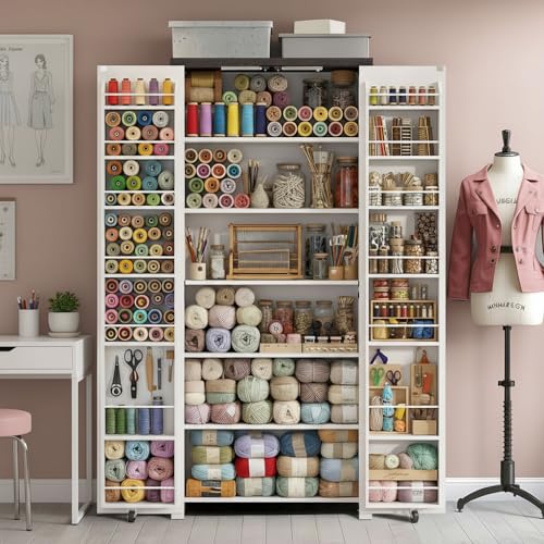 NEWOWNDS Craft Storage Cabinet with LED Lights – 72" Adjustable Shelves Sewing Organizer, Multi-Purpose Sewing Cabinet for Craft Room/Home Office Storage